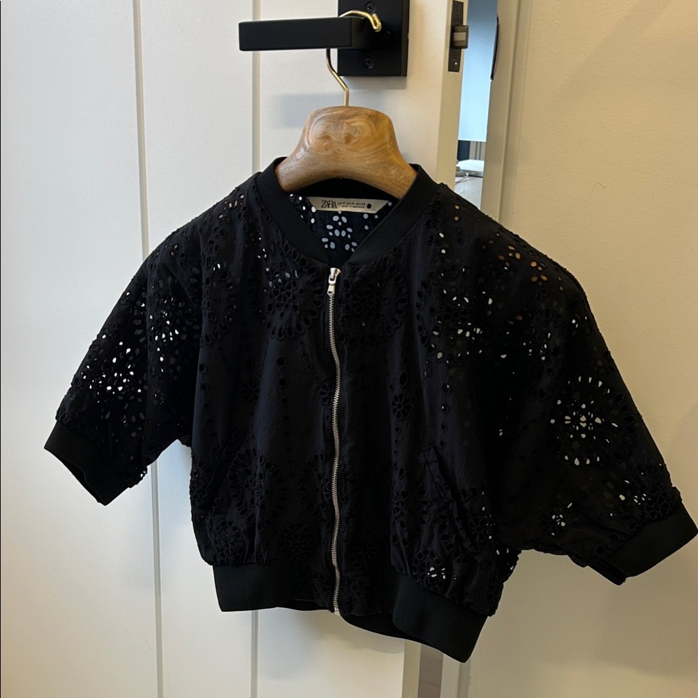 Zara Cropped Black Eyelet Bomber-Style Jacket